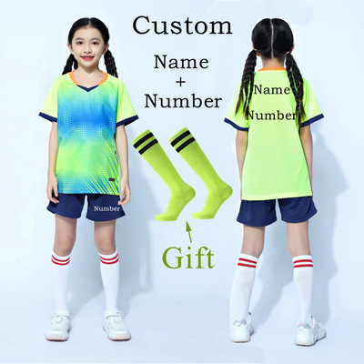 Bērnu futbola sporta komplekti + zeķes, meiteņu futbola krekliņi, studentu komandas futbola treniņu formas, zēnu futbola apģērbi