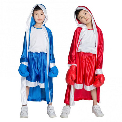 Kids Boxing Robes With Belt Long Sleeve Loose Martial Arts Sanda Rashguard Boxing Clothes Boys Girls Child Performance Costume