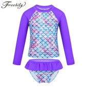 Bērnu peldkostīmi UPF 50+ peldkostīmi meitenēm Tankini ar garām piedurknēm zivju svari, apdrukāti topi ar peldēšanas apakšu Rashguard bērnu komplekti