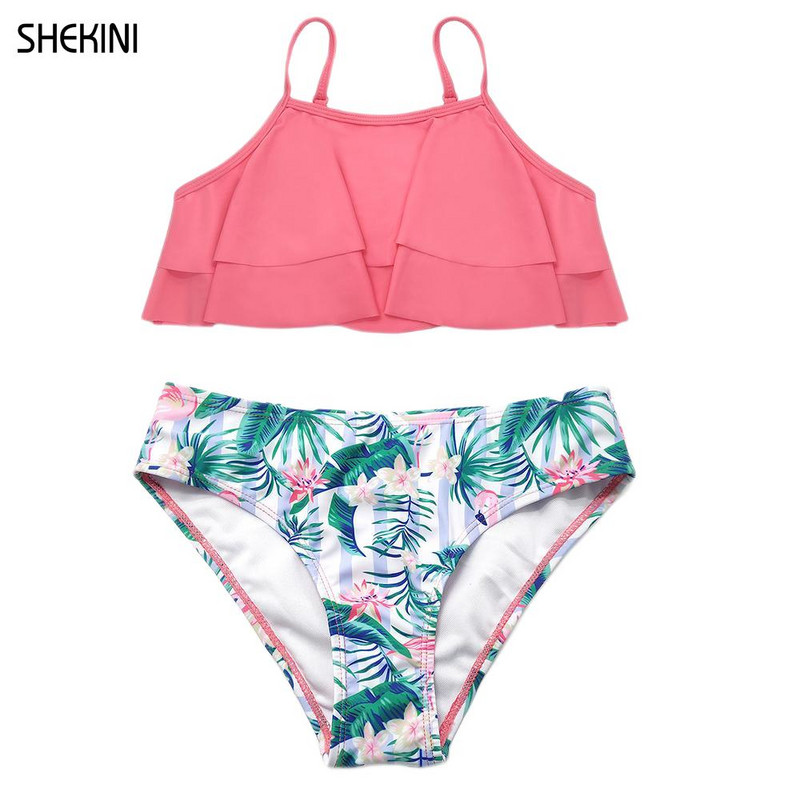 SHEKINI tüdrukud, lilledega trükitud ujumisriided, volangid, kaheosalised ujumisriided, bikiinid, armsad laste rannariided teismeliste ujumisriided