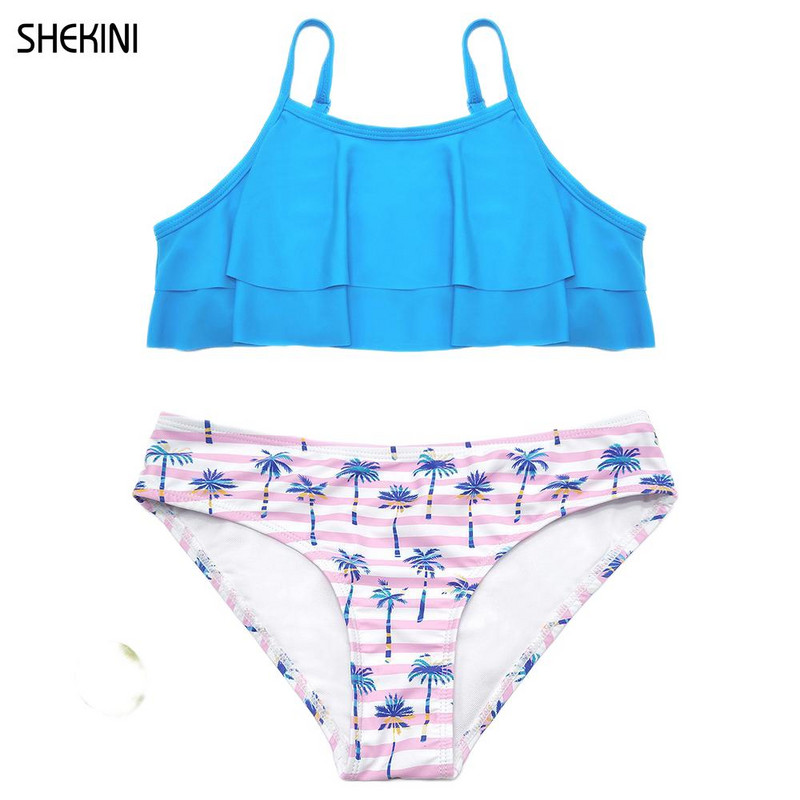 SHEKINI tüdrukud, lilledega trükitud ujumisriided, volangid, kaheosalised ujumisriided, bikiinid, armsad laste rannariided teismeliste ujumisriided