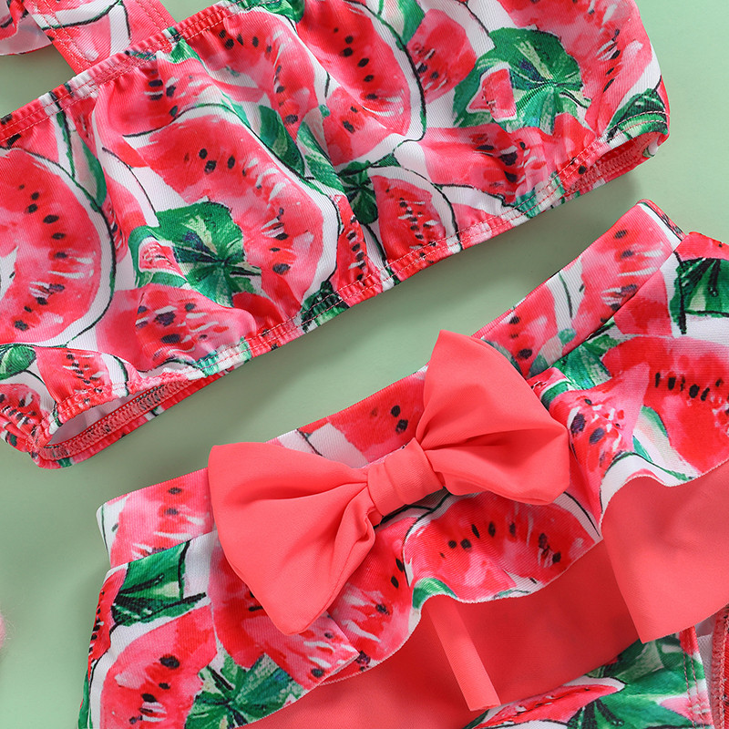 Yiiciovy παιδικό σετ κολύμβησης για κοριτσάκι με καρπούζι με εμπριμέ αμάνικα φαρδιά μπλουζάκια Παιδικά βολάν με παπιγιόν διακοσμητικά σετ μπικίνι
