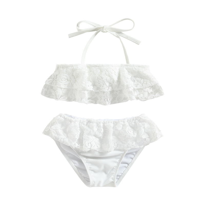 Yiiciovy Toddler Girls Divdaļīgi Peldkostīmi Skaisti Balts Bikini Komplekts Vasaras Bezpiedurkņu Mežģīņu Tauriņi + Bikini Apakšgala Komplekts