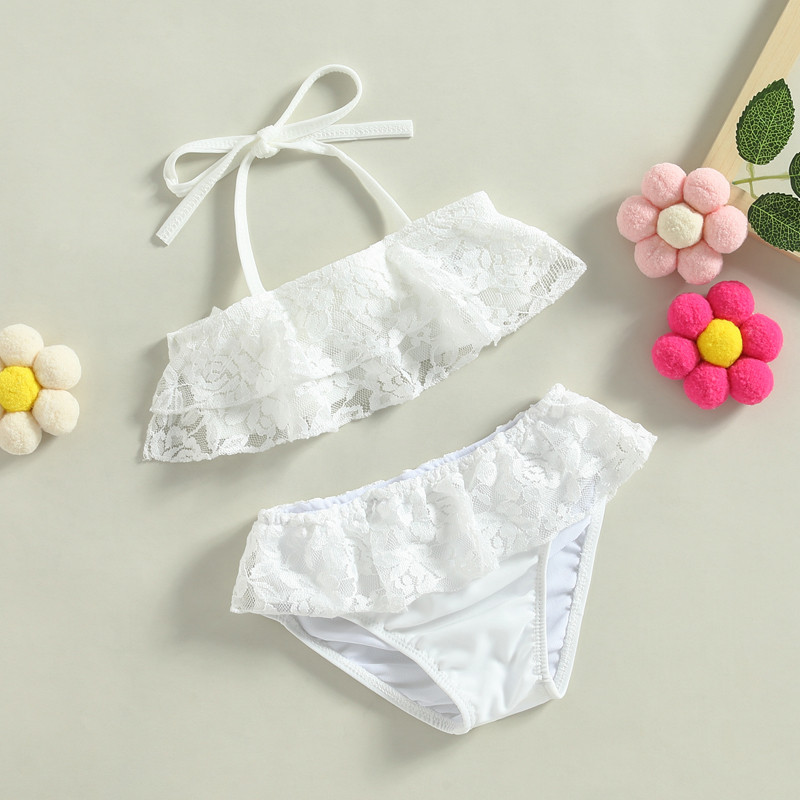 Yiiciovy Toddler Girls Divdaļīgi Peldkostīmi Skaisti Balts Bikini Komplekts Vasaras Bezpiedurkņu Mežģīņu Tauriņi + Bikini Apakšgala Komplekts