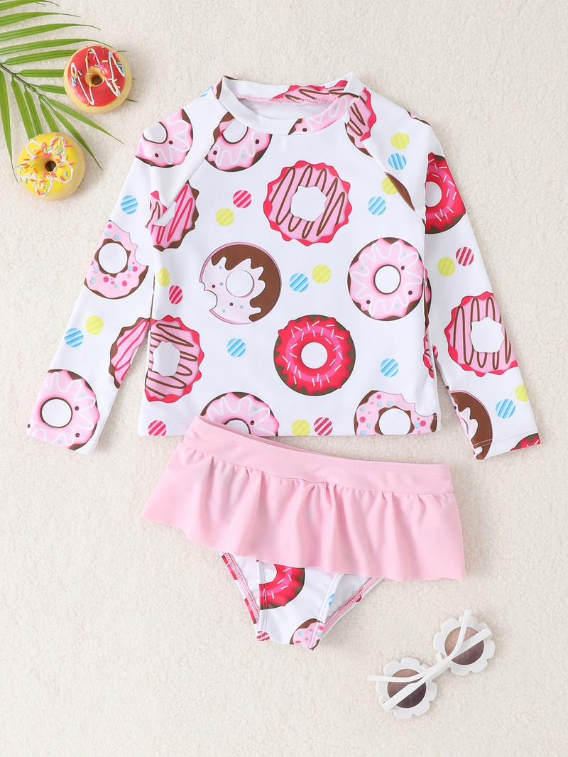 Meiteņu apdrukas peldkostīms ar garām piedurknēm Baby Beach UV apģērbs bērniem saules aizsardzības peldkostīmi un sērfošanas tērpi, divi gabali2044