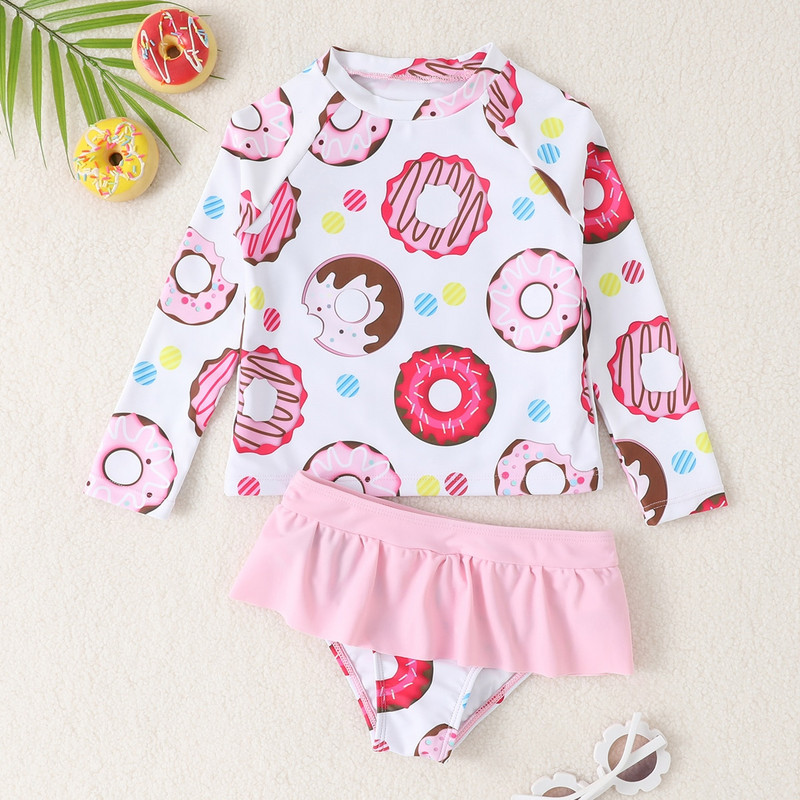 Meiteņu apdrukas peldkostīms ar garām piedurknēm Baby Beach UV apģērbs bērniem saules aizsardzības peldkostīmi un sērfošanas tērpi, divi gabali2044