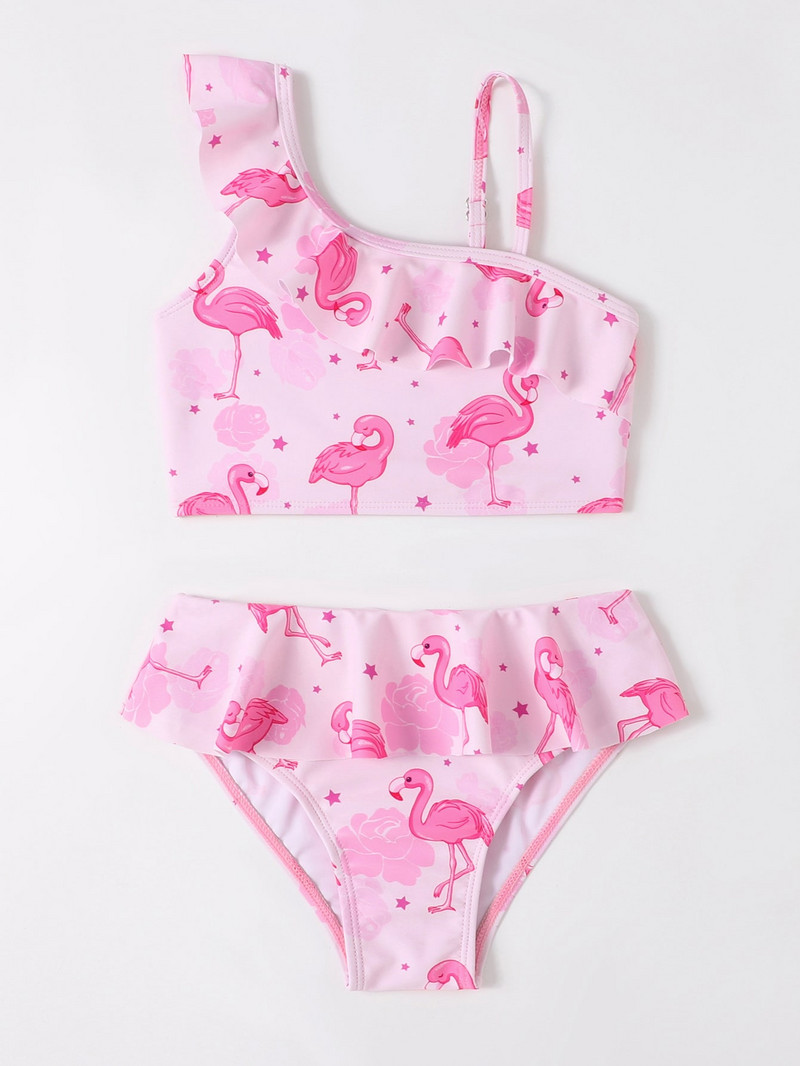 4-7Y Flamingo print Kétrészes lány fürdőruha 2023 Kiváló minőségű gyermek fürdőruha homokos bikini szett 2054