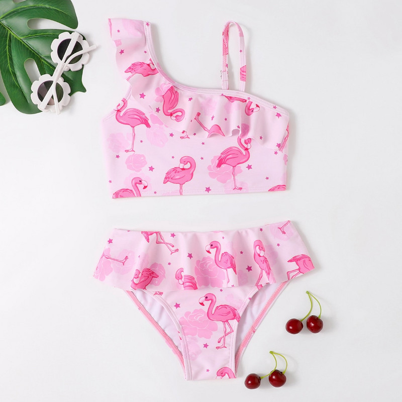 4-7Y Flamingo print Kétrészes lány fürdőruha 2023 Kiváló minőségű gyermek fürdőruha homokos bikini szett 2054