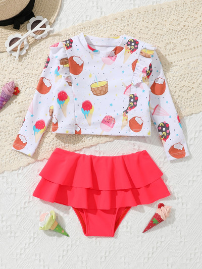 9 M līdz 3 gadu vecumam vasaras bērnu peldkostīmi meitenēm ar garām piedurknēm ar apdruku Rashguard topi ar apakšu peldkostīms Bikini2057