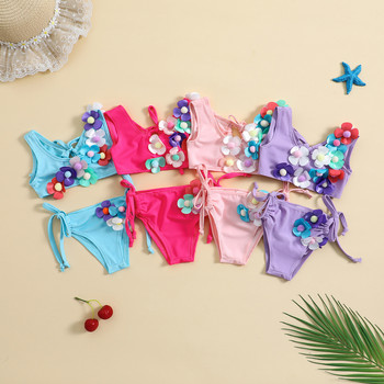 Yiiciovy Sweet Floral Swimsuit for Kids Girls Lovely Sleeveless Bandage 3D Flower Elastic Bikini Set Летен плажен бански костюм