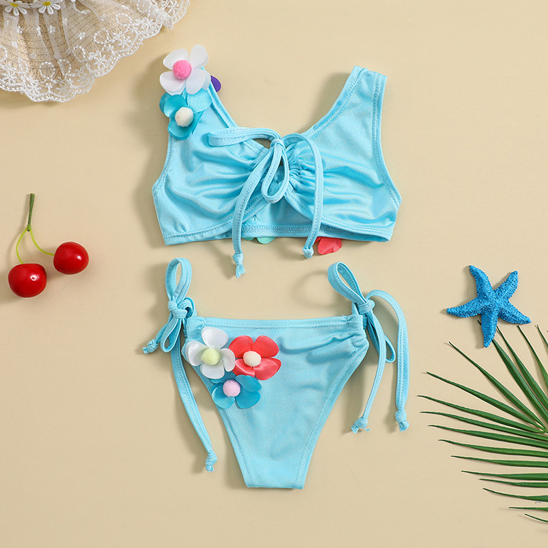 Yiiciovy édes virágos fürdőruha gyerekeknek lányoknak, szép ujjatlan bandage 3D virágos elasztikus bikini szett nyári strandfürdőruha