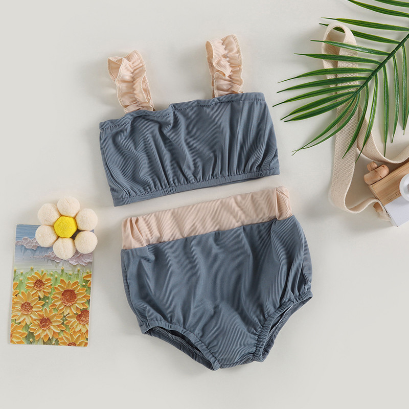 Yiiciovy jauks peldkostīmu bikini komplekts zīdainim 2gab peldkostīmi vasaras kontrasta krāsā bezpiedurkņu topi + pludmales peldšorti