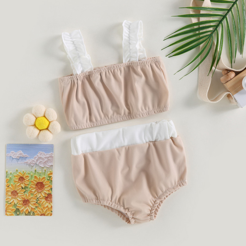 Yiiciovy jauks peldkostīmu bikini komplekts zīdainim 2gab peldkostīmi vasaras kontrasta krāsā bezpiedurkņu topi + pludmales peldšorti