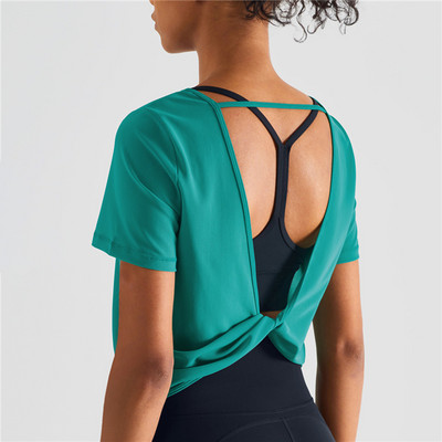 Sporta krekli bez aizmugures Sieviešu īsām piedurknēm Seksīgi ikdienišķa treniņu tops āra skriešanai T-krekls Vingrinājumi Sieviešu jogas blūze