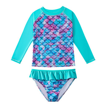 2023 Бански костюм русалка за момиче с дълги ръкави Детски бикини Момиче 3d печат Анти-UV плажно облекло Слънцезащитен крем Плажно облекло Плуване