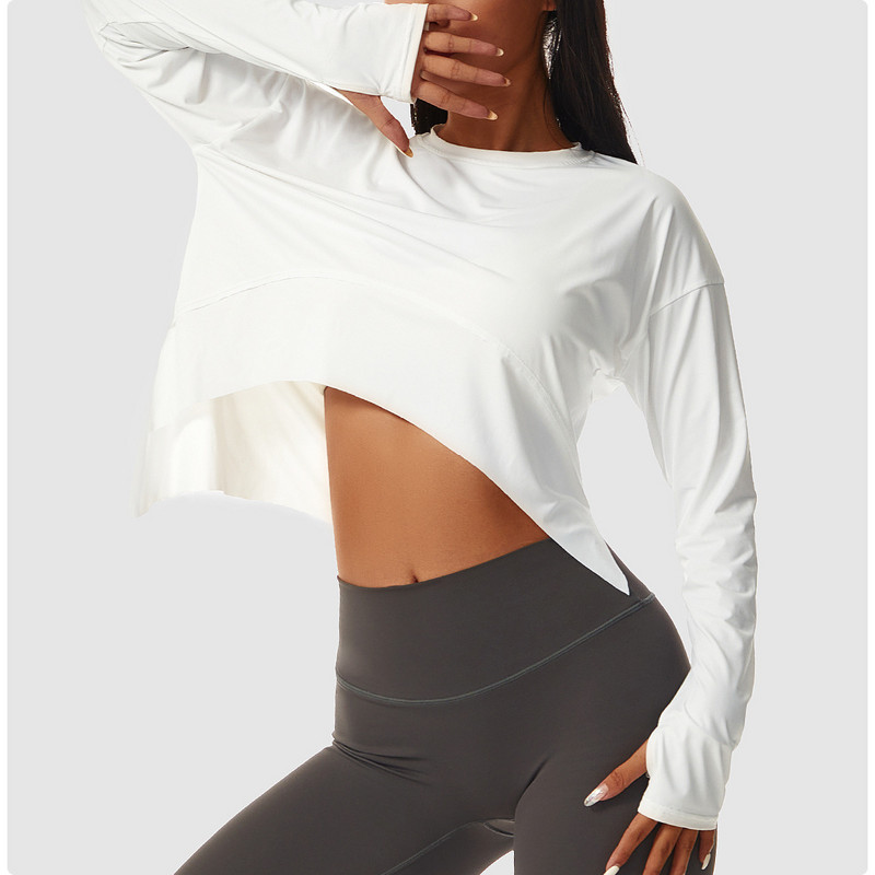 Női sport felsők edzés Crop pulóver, hosszú ujjú, magas elasztikus sport kerékpározás, futás edzés, laza fitnesz sportblúz
