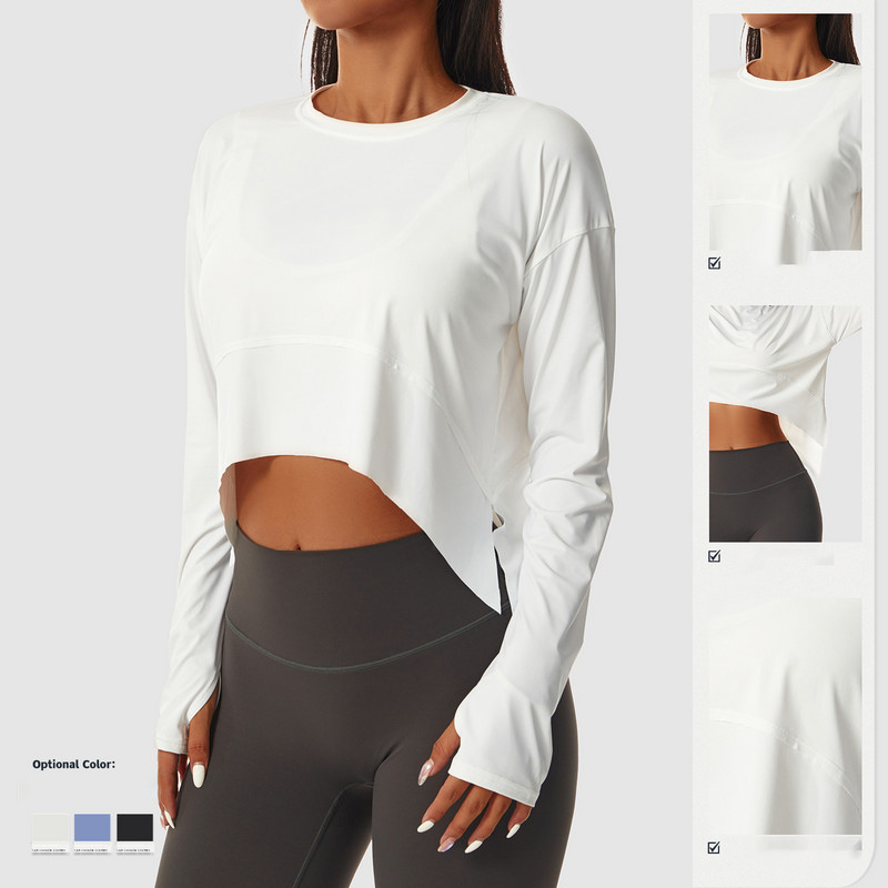 Női sport felsők edzés Crop pulóver, hosszú ujjú, magas elasztikus sport kerékpározás, futás edzés, laza fitnesz sportblúz