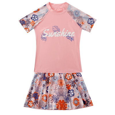 Dvodijelni kupaći kostim za djevojčice, kratke hlače, suknja bez rukava, ružičasti print, visoka elastika, 6-16 godina, dječji kupaći kostim za tinejdžere