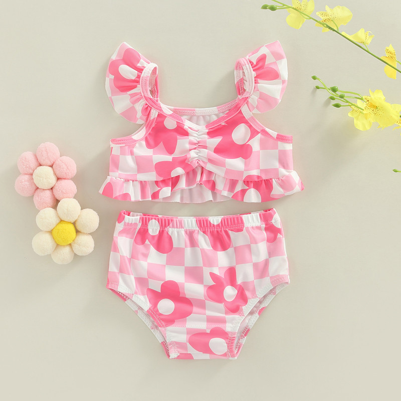Baby Girls Sweet Bikini ar ziediem apdruku peldkostīmu bikini komplekts zīdaiņiem ar volāniem piedurknēm bikini meitenēm saldais peldkostīms peldkostīms