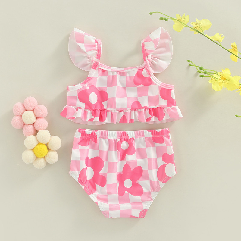 Baby Girls Sweet Bikini ar ziediem apdruku peldkostīmu bikini komplekts zīdaiņiem ar volāniem piedurknēm bikini meitenēm saldais peldkostīms peldkostīms
