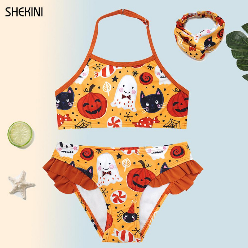 SHEKINI Girls Halloween Printing fürdőruhák Fodor Sport 2 részes fürdőruhák Kid Bikini Strandruha Fürdőruha