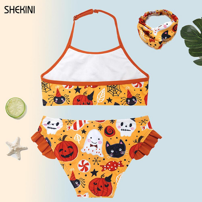 SHEKINI Girls Halloween Printing fürdőruhák Fodor Sport 2 részes fürdőruhák Kid Bikini Strandruha Fürdőruha