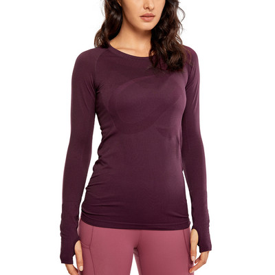 Naiste sportlik pikkade varrukatega spordisärk hingav, pehme õmblusteta ümarkaelusega jõusaalitreening, pöidlaaukudega spordisärk