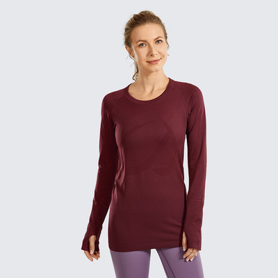 Naiste sportlik pikkade varrukatega spordisärk hingav, pehme õmblusteta ümarkaelusega jõusaalitreening, pöidlaaukudega spordisärk