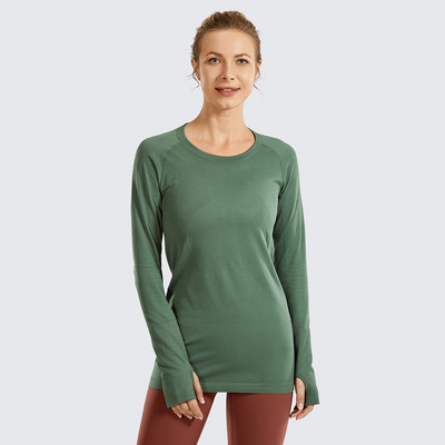 Naiste sportlik pikkade varrukatega spordisärk hingav, pehme õmblusteta ümarkaelusega jõusaalitreening, pöidlaaukudega spordisärk