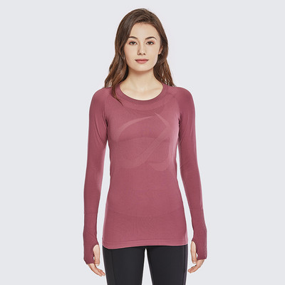 Naiste sportlik pikkade varrukatega spordisärk hingav, pehme õmblusteta ümarkaelusega jõusaalitreening, pöidlaaukudega spordisärk