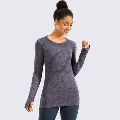 Naiste sportlik pikkade varrukatega spordisärk hingav, pehme õmblusteta ümarkaelusega jõusaalitreening, pöidlaaukudega spordisärk