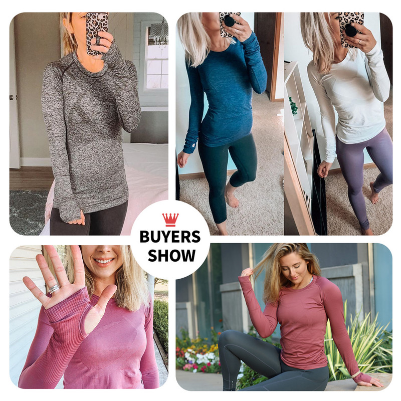 Naiste sportlik pikkade varrukatega spordisärk hingav, pehme õmblusteta ümarkaelusega jõusaalitreening, pöidlaaukudega spordisärk