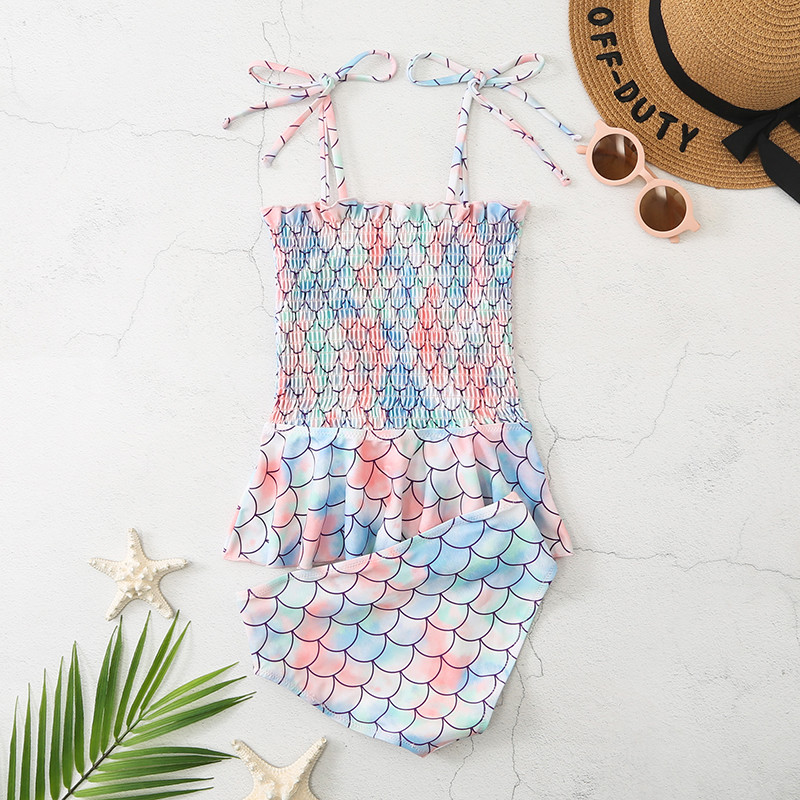 Mermaid Vaikų mergaičių maudymosi kostiumėlis bikinis 2vnt spagečiai Juostelės Vaikų maudymosi kostiumėlis raukiniai Maudymosi kostiumėliai Smocked paplūdimio apranga maudymosi suknelė