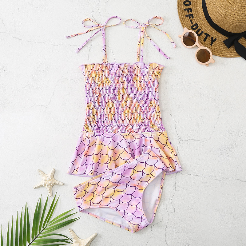 Mermaid Vaikų mergaičių maudymosi kostiumėlis bikinis 2vnt spagečiai Juostelės Vaikų maudymosi kostiumėlis raukiniai Maudymosi kostiumėliai Smocked paplūdimio apranga maudymosi suknelė