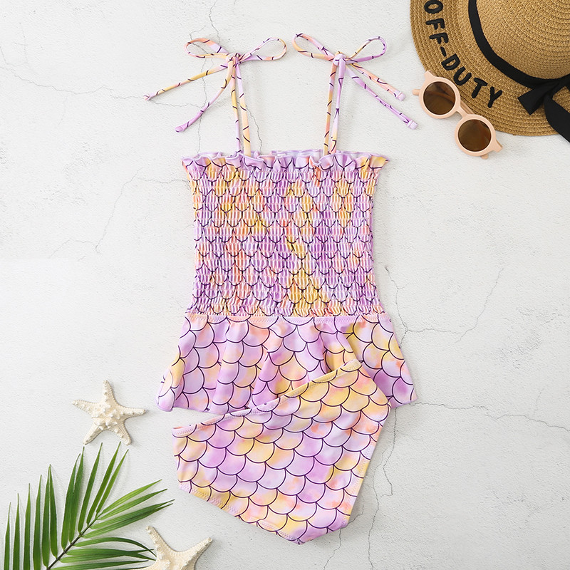 Mermaid Vaikų mergaičių maudymosi kostiumėlis bikinis 2vnt spagečiai Juostelės Vaikų maudymosi kostiumėlis raukiniai Maudymosi kostiumėliai Smocked paplūdimio apranga maudymosi suknelė