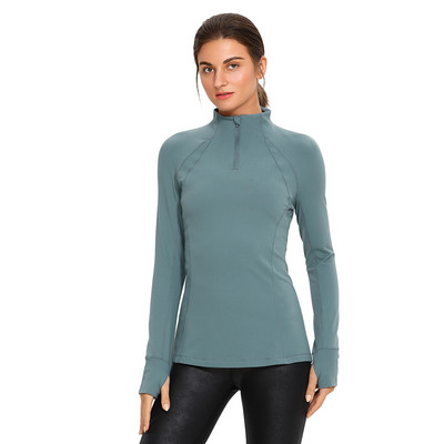 SYROKAN sieviešu garās piedurknes ar ceturtdaļas rāvējslēdzēja džemperi, skriešanas sporta treniņu jogas krekli