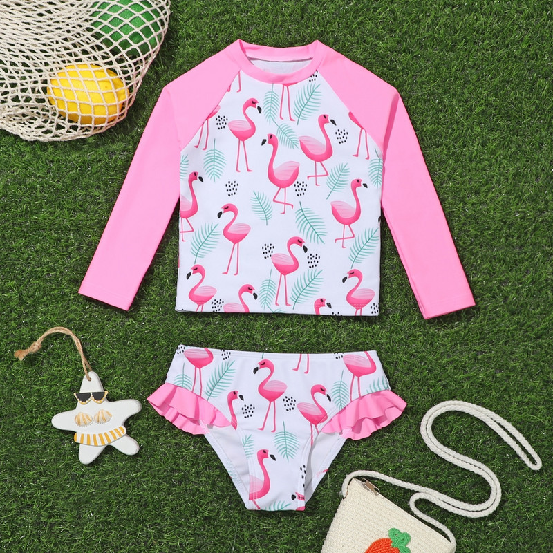 Meiteņu vasaras peldkostīmi ar apdruku bērniem, topi ar garām piedurknēm, bikini, peldkostīmi, pludmales apģērbi, 4–7 gadi1056