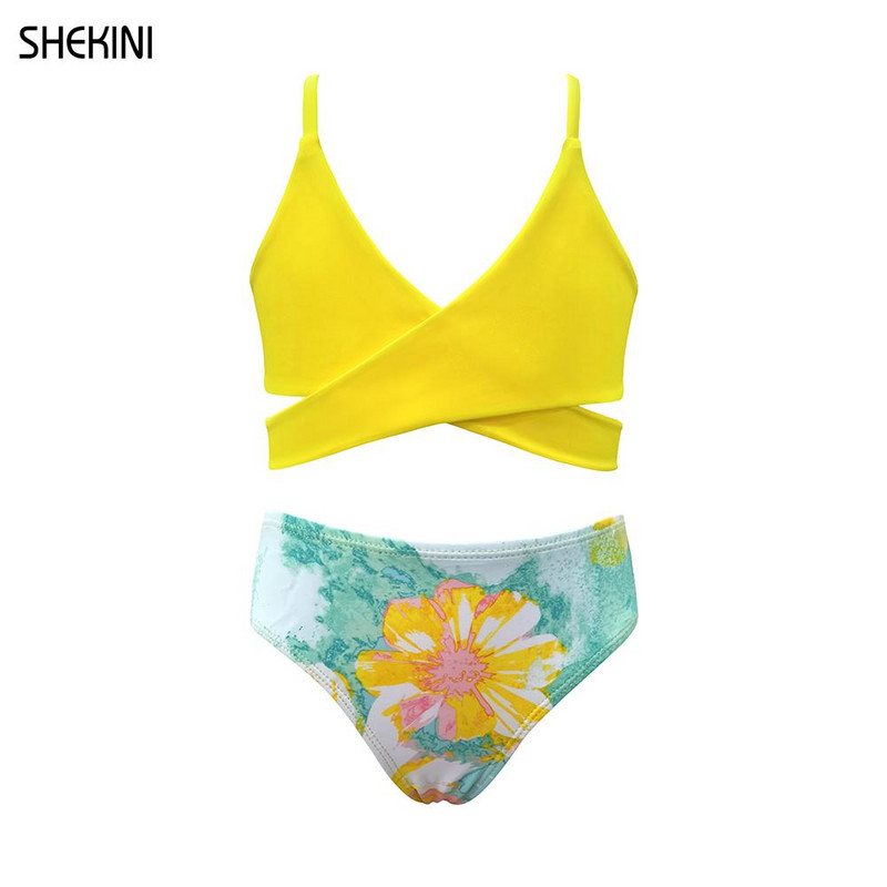 SHEKINI Girls Crisscross Bandage Kétrészes fürdőruhák Nyomtatott fürdőruhák Bikini Szett Tini Gyerek Aranyos Sport Strand fürdőruha