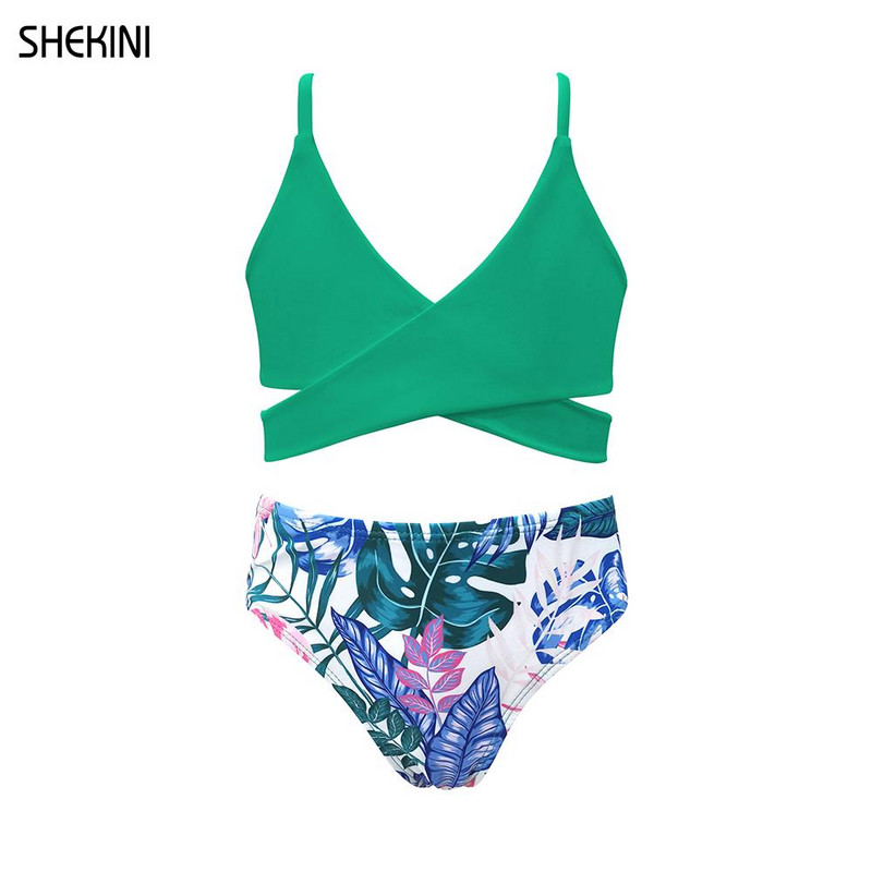 SHEKINI Girls Crisscross Bandage Kétrészes fürdőruhák Nyomtatott fürdőruhák Bikini Szett Tini Gyerek Aranyos Sport Strand fürdőruha