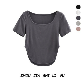 Σέξι μπλούζες γιόγκα Ρετρό κοντομάνικο αθλητικό μπλουζάκι Γυναικείο αναπνεύσιμο λεπτό τετράγωνο λαιμό στενό ελαστικό πουκάμισο γυμναστικής
