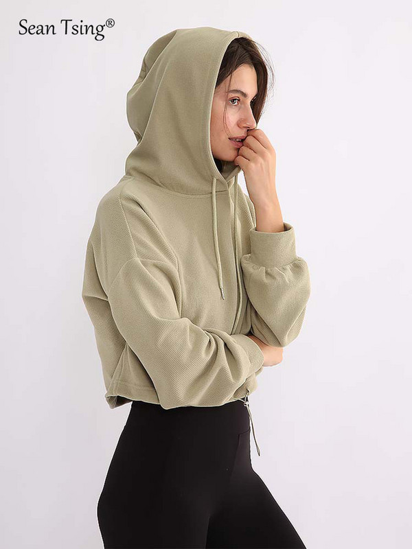 Sean Tsing® sporta kapuces Sieviešu sporta krekli ar garām piedurknēm vienkrāsaini Wasphorge brīvi džemperi, aktīvi treniņu fitnesa topi