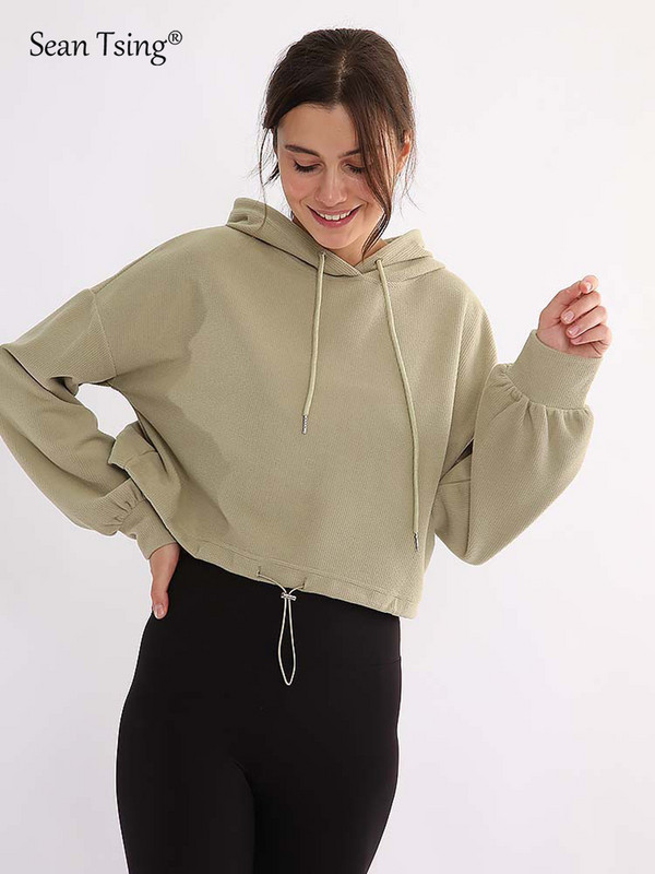 Sean Tsing® sporta kapuces Sieviešu sporta krekli ar garām piedurknēm vienkrāsaini Wasphorge brīvi džemperi, aktīvi treniņu fitnesa topi