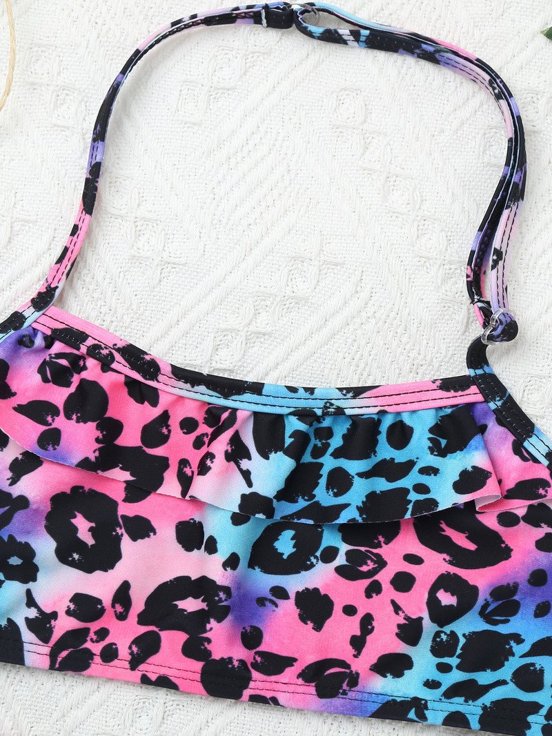 Bērnu meiteņu vasaras uzvalks ar apdruku, kaklasiksna, bez piedurknēm, bikini komplekts ar volānu apakšmalu pludmales peldkostīmi peldkostīmi bērnu peldkostīmi