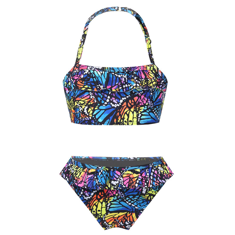 Bērnu meiteņu vasaras uzvalks ar apdruku, kaklasiksna, bez piedurknēm, bikini komplekts ar volānu apakšmalu pludmales peldkostīmi peldkostīmi bērnu peldkostīmi