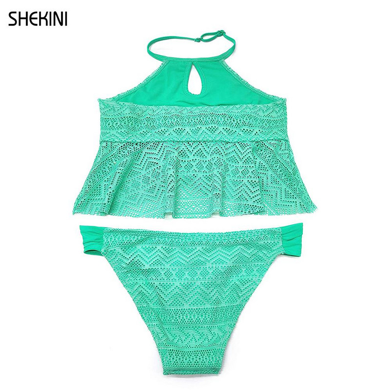 SHEKINI Girls Atslēgas caurums peldkostīms, volāni, tamborēts audums, divdaļīgs peldkostīms meitenēm, pludmales apģērbs pusaudžu bikini