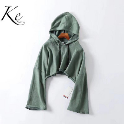 KE balti rozā brīvas trompetes piedurknes ar kapuci naba īss sporta džemperis sieviešu dejas fitness gadījuma džemperis plūdmaiņas