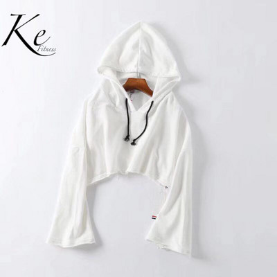 KE balti rozā brīvas trompetes piedurknes ar kapuci naba īss sporta džemperis sieviešu dejas fitness gadījuma džemperis plūdmaiņas