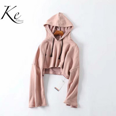 KE balti rozā brīvas trompetes piedurknes ar kapuci naba īss sporta džemperis sieviešu dejas fitness gadījuma džemperis plūdmaiņas