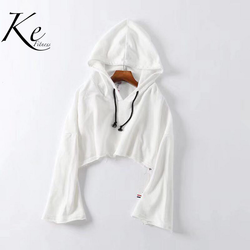 KE balti rozā brīvas trompetes piedurknes ar kapuci naba īss sporta džemperis sieviešu dejas fitness gadījuma džemperis plūdmaiņas