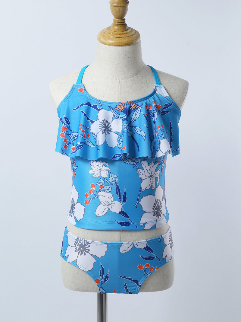 Laste tüdrukute ujumisriided, volangkaelus, lillemustriline Tankini ujumistrikoo Ujumisriided ujumisriided, põhjaga ujumisriided rannas ujumiskostüüm